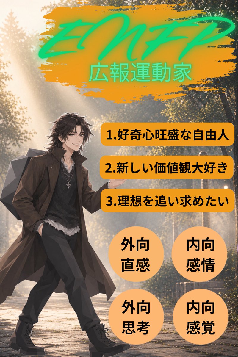 106asagiri's tweet photo. Q.MBTIはなんですか?

A.広報運動家「ENFP」

ENFP-T（慎重型）：
感受性が非常に豊かで、他人の感情に敏感な特徴があります。
周囲の意見や評価を気にして自己批判的になりやすい一面も持っています。
思慮深く、人の痛みに寄り添うことができるらしい!

あなたはなんでしたか!?
#REALITY新人ライバー https://t.co/pCYxiQrZZ3