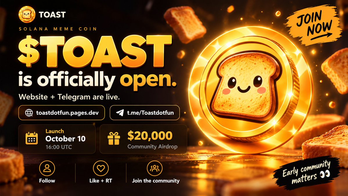 toastdotfun_'s tweet photo. $TOAST is officially open 🍞🔥

Website + Telegram are live.
🌐 https://t.co/moIyJaOXge 💬 https://t.co/n6CwcHdPWM
Launch: October 10 • 16:00 UTC

$20,000 Airdrop

✅ Follow ✅ Like + RT ✅ Join the community

Early community matters 👀 https://t.co/gtaiPqGiOp