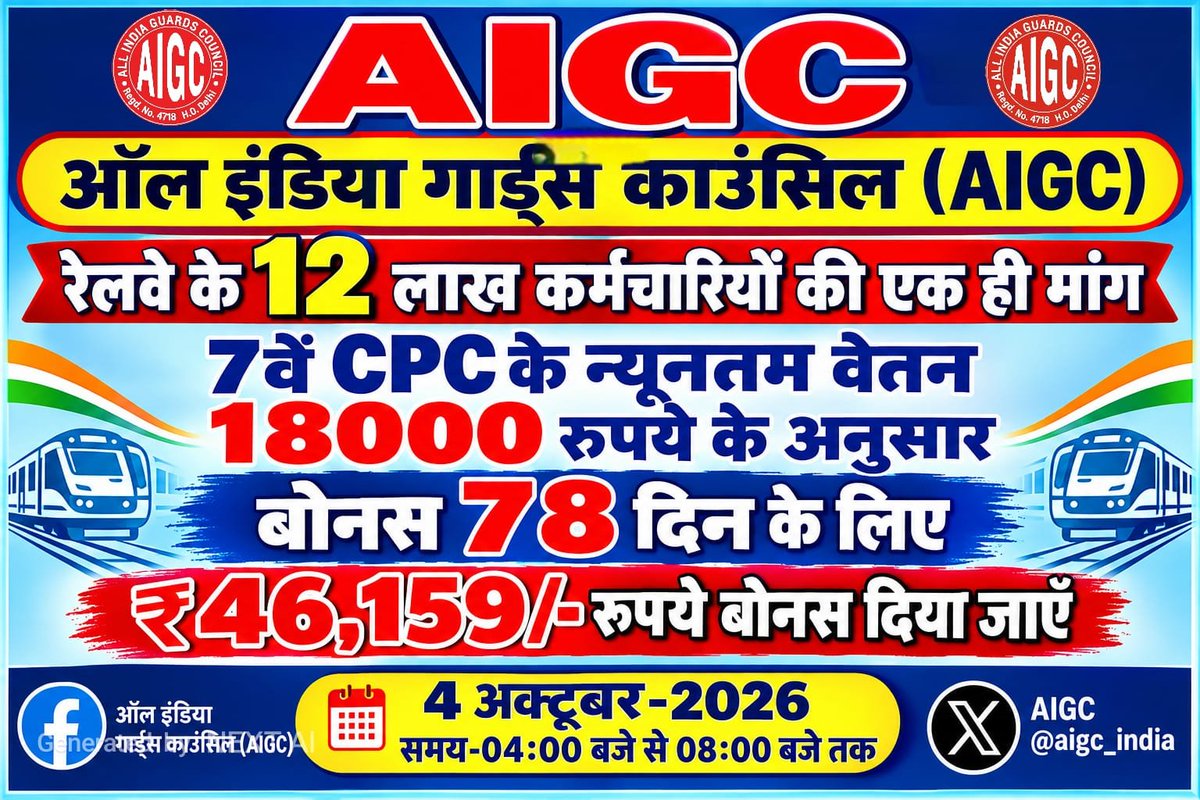 AIGC_OFFICIAL's tweet photo. AIGC Strongly Demanding 
PLB Bonus 46150₹ for all Railway Employees.
@RailMinIndia 
@ashwanivai 
@FinMinIndia 
@PMOIndia https://t.co/ViZIzAK6Fz