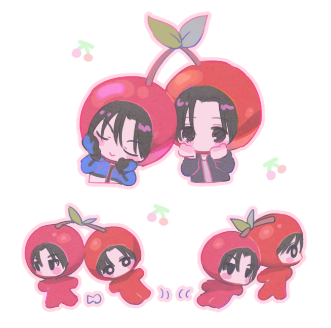 Cute anime/manga-style illustration of characters dressed as cherries, showing them in various poses with pink backgrounds and small cherry decorations.