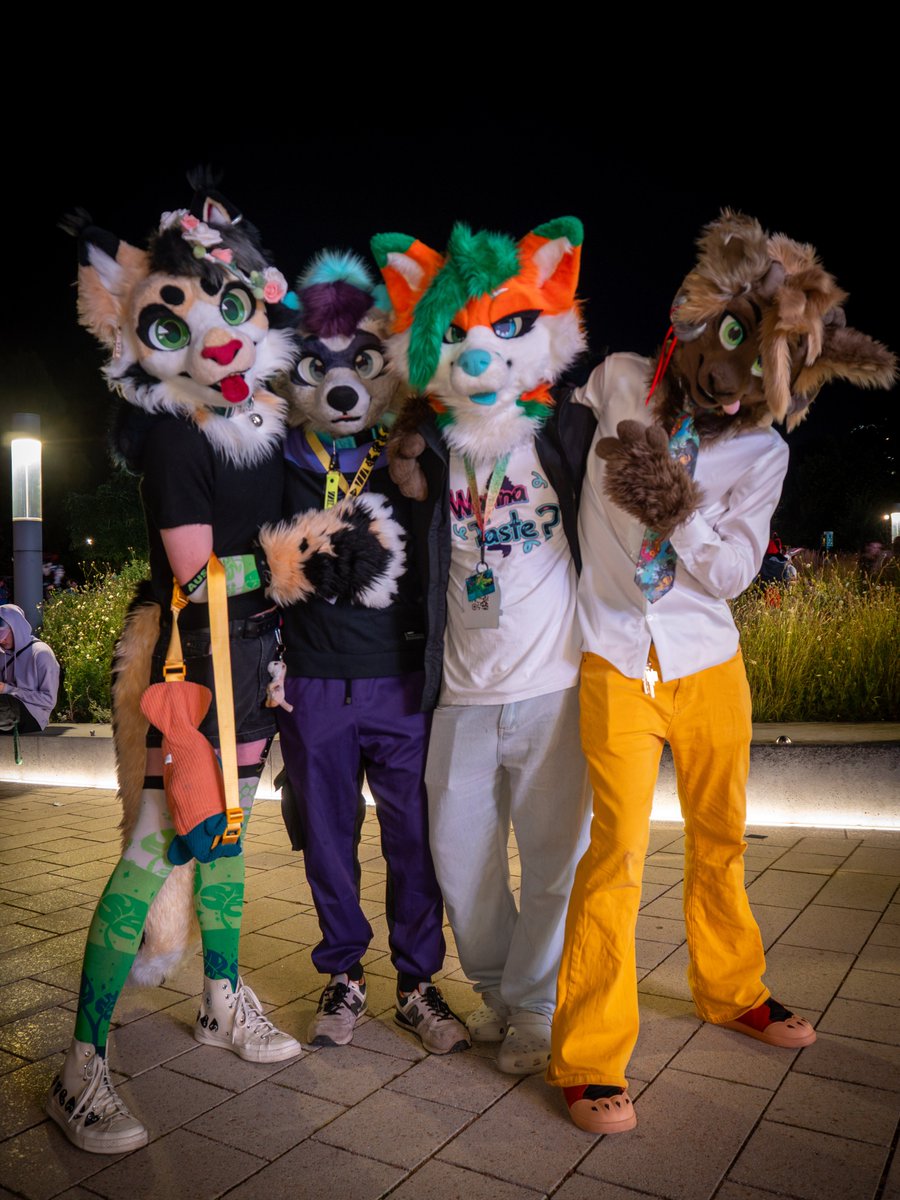 Taffuck's tweet photo. Squad night with @ZimtGadse @Enot1xFelix @SmokeMachine8 🧡💜🌙
Four floofs, one very good evening.
#Eurofurence #fursuit #furry https://t.co/QQIDDGk6pA