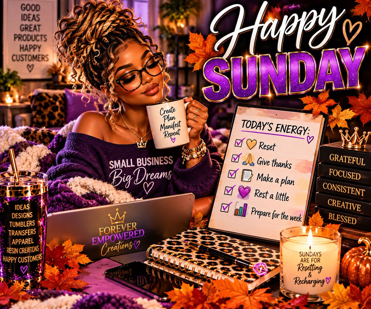 ForeverEmpower2's tweet photo. Happy Sunday 🍂💜
Today’s energy: RESET + RECHARGE.
🙏🏽 Give thanks
📝 Make a plan
🎨 Create with purpose
💼 Prepare for the week
🧘🏽‍♀️ Rest a little too
Small business. Big dreams. New week loading… 🔥✨
#SundayReset #SmallBusinessOwner #ForeverEmpoweredCreations #SundayVibes https://t.co/ioMTtGHfFG