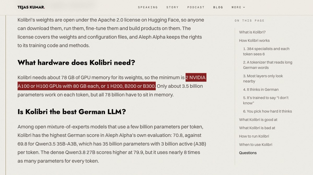 richardpoelderl's tweet photo. Aleph Alpha launched a model for corporations who want to self-host a German language model, have some[1] infra (GPUs) and care about data residency.

Which means: Half the German GDP basically.

For the classic RAG application, which it seems to be trained for, you can potentially combine it with specialized embeddings. Take most-embed-de from Dr. Malte Ostendorff of @CommonCrawl: It requires ≈35x less memory compared to Kolibri.

Which means: You could have most-embed-de run the embeddings on the local machine and use Kolibri on the on-prem servers to generate the answer.

That could make for a solid Help desk & support assistant.

Congrats @Aleph__Alpha on the launch.

(And @TejasKumar_ for the writeup, outranking aleph alpha on google for my search query).

[1] > 2 NVIDIA A100 or H100 GPUs with 80 GB each, or 1 H200, B200 or B300
- @TejasKumar_'s article

Sources:
- https://t.co/8C0L8zS04F
- https://t.co/RFU1AIqjHx