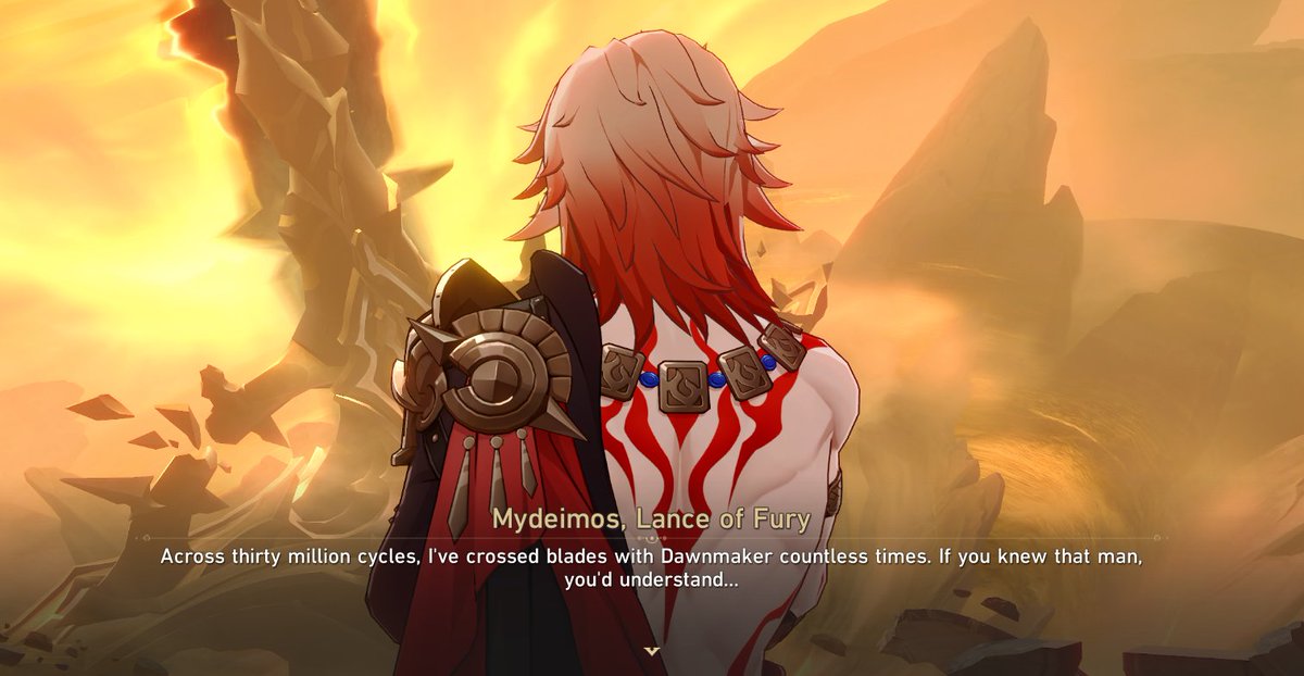 dreameparty's tweet photo. I genuinely think this is the gayest quote we've gotten from Mydei to the point where it made me really emotional when I got to it in 3.7. Mydei being so certain of his understanding of Phainon (and being correct lol) is part of what makes Phaidei so fun. https://t.co/lmi5Q1FID9