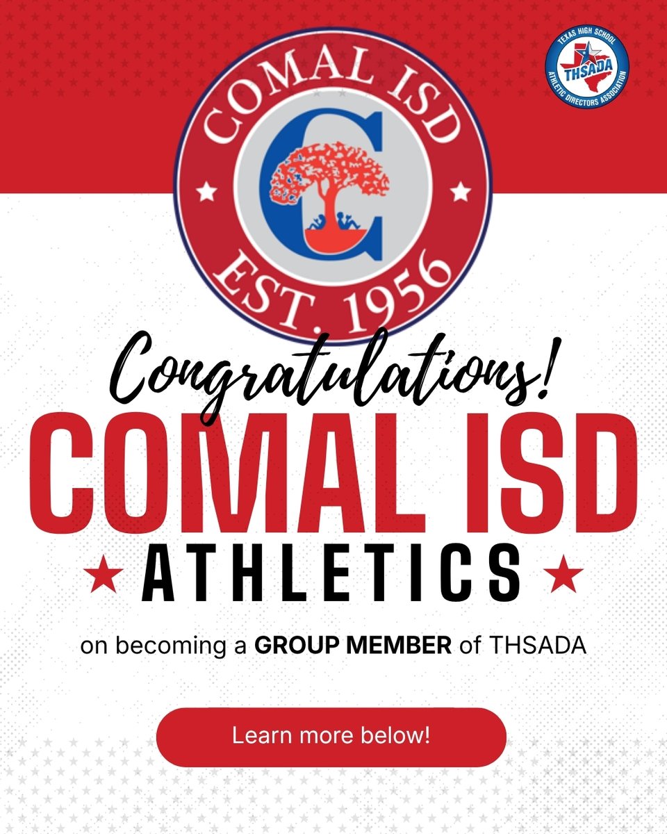 OfficialTHSADA's tweet photo. New member alert! Welcome, Comal ISD! 🏆

We're so excited for @cisdnews to join the team. We appreciate your leadership and dedication to Texas high school sports!

Learn more about THSADA group memberships here: https://t.co/Z4qGu4taFi https://t.co/7mDg8vM2iB