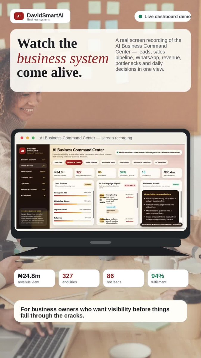 davidsmartai's tweet photo. Most business owners do not need more scattered apps.

They need visibility across leads, sales, follow-ups, WhatsApp, revenue and daily decisions.

That is the idea behind an AI Business Command Center.

Practical AI for real business workflows.

#DavidSmartAI #AIAutomation https://t.co/49DrI4LgD4