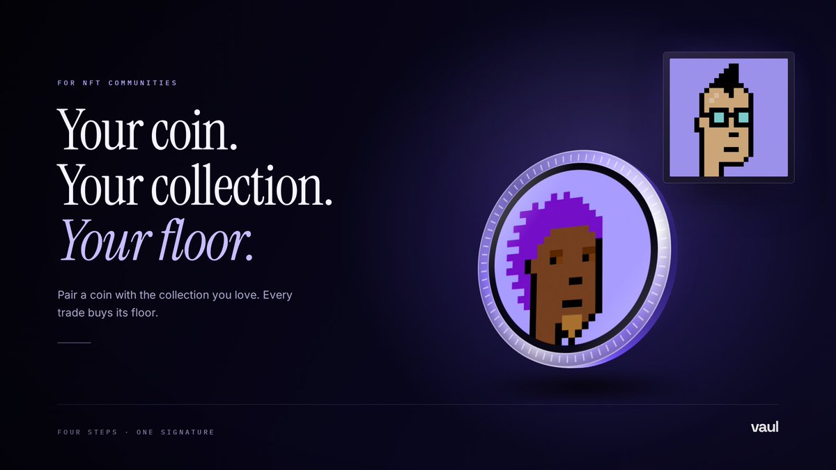 UseVaul's tweet photo. Got a community around an NFT collection?

Launch a coin on vaul, pair it with your collection, and let every trade buy your floor. Four steps, one signature. https://t.co/omy1Dm6Svr