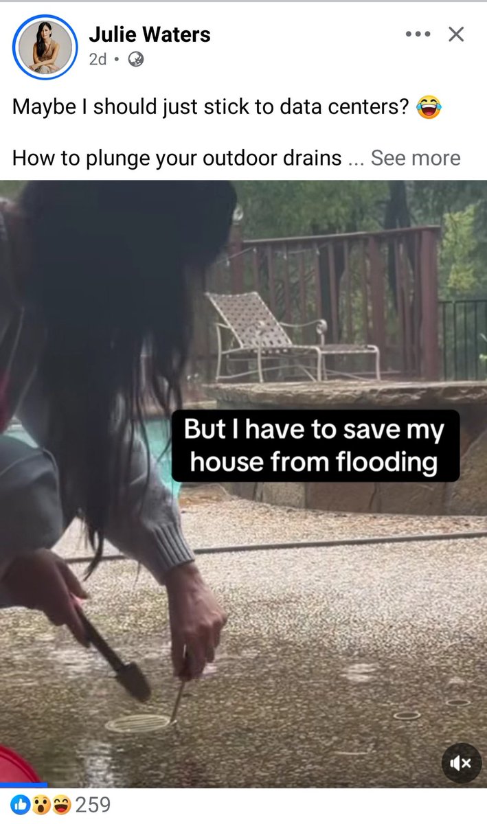 FransBakker9812's tweet photo. $IREN 
So just a few days after Julie Waters (not an actual lawyer we discovered) complained about the lack of water in her "beloved Texas", she is cursing the rain gods for flooding her porch, while being seemingly unphased about her pool in the background, paid for by the left. https://t.co/TEmXtbbvBM