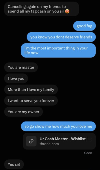 A text message conversation on a dark background where one person is sending submissive messages like 'You are master' and 'I love you,' while the other requests money via a link titled 'Ur Cash Master - Wishlist'.