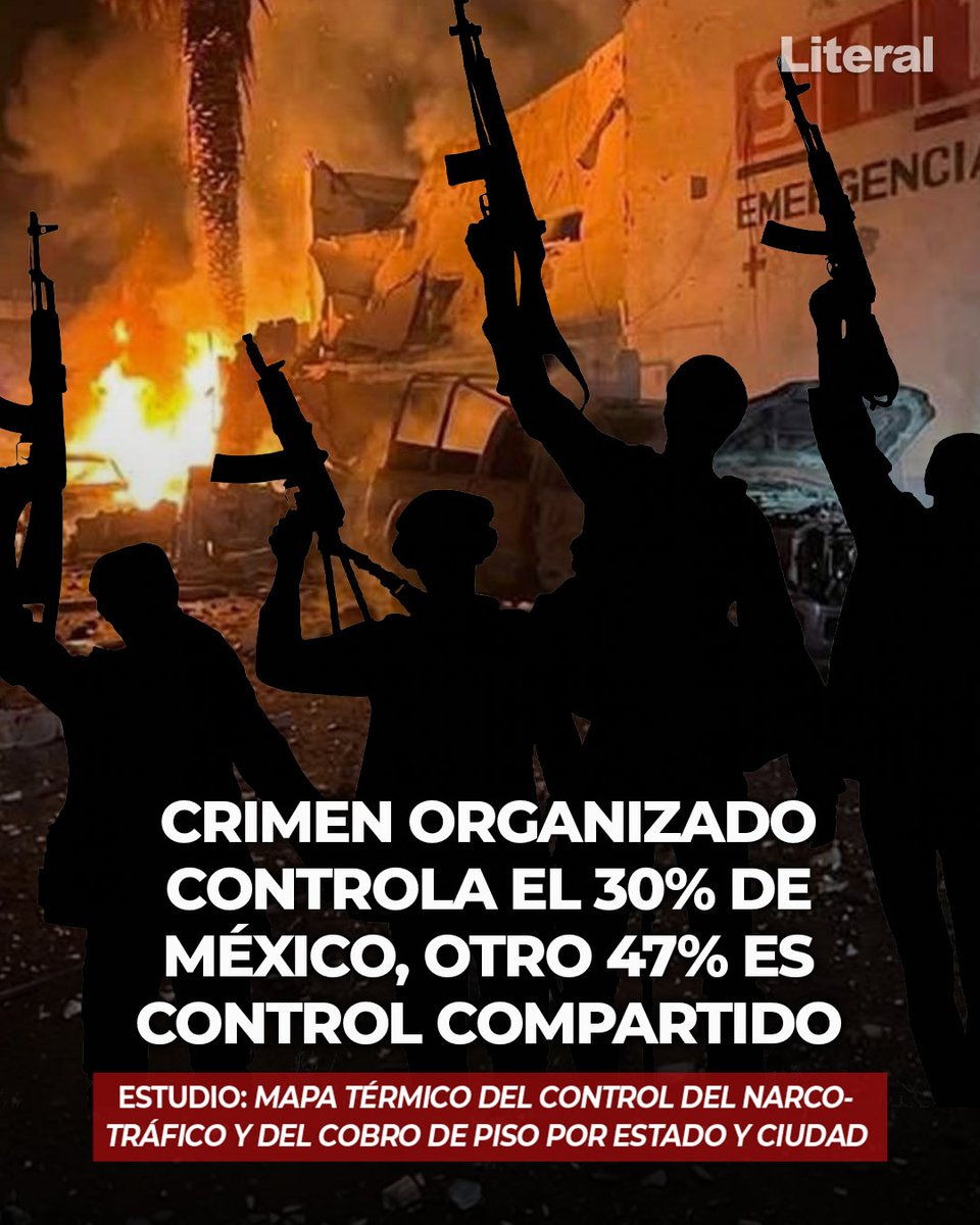 literalmexico's tweet photo. CRIMEN ORGANIZADO CONTROLA EL 30% DE MÉXICO, otro 47% está bajo control compartido

Un análisis independiente estima que el crimen organizado ejerce condiciones de control o “gobernanza efectiva” sobre alrededor del 30% del territorio de México, otro 47% estaría bajo control compartido o disputado entre autoridades y grupos criminales

📢 Más información en: COMENTARIOS
https://t.co/mOqzhtLmH0