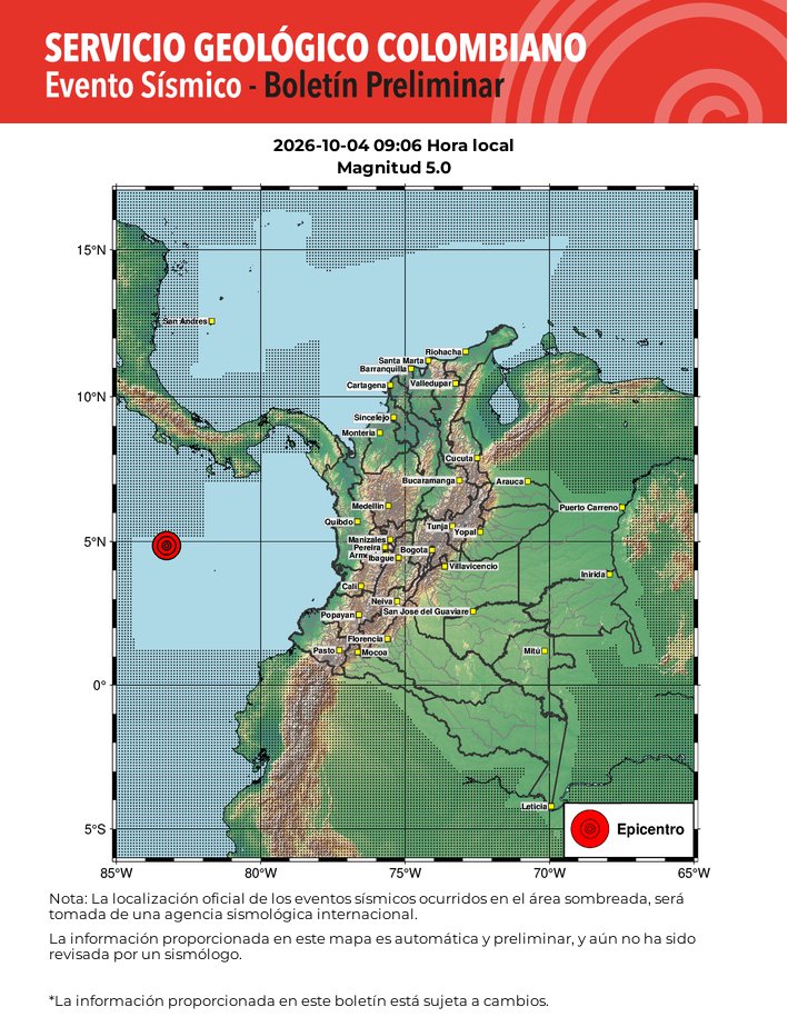 sgcol's tweet photo. #SismosColombiaSGC Evento Sísmico Internacional - Boletín Preliminar, 2026-10-04, 09:06 hora local. Magnitud 5.0. Profundidad superficial #NoticiaEnDesarrollo #Temblor #Sismo Más información: https://t.co/63pt8nVsSe https://t.co/eO40k42LM8