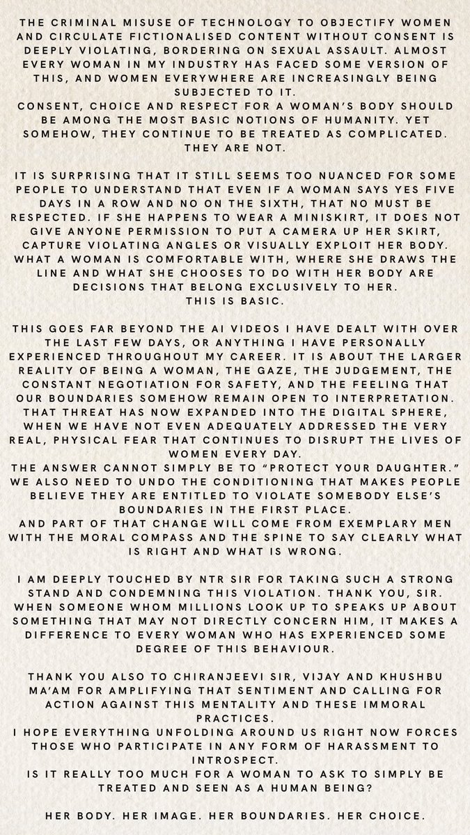 FilmyTwoodOffl's tweet photo. #JanhviKapoor via instagram 

Her body. Her image. Her boundaries. Her choice.

The criminal misuse of technology to objectify women and circulate fictionalised content without consent is deeply violating, bordering on sexual assault.

I am deeply touched by NTR Sir for taking such a strong stand and condemning this violation. Thank you, Sir.

Thank you also to Chiranjeevi Sir, Vijay and Khushbu Ma’am for amplifying that sentiment and calling for action against this mentality and these immoral practices.