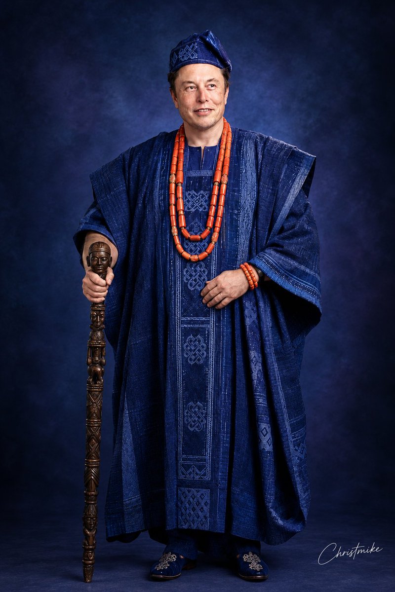 DOnlyChristmike's tweet photo. What if @elonmusk was a Yoruba man? 😂💙

I imagined what it would look like if one of the world’s most recognisable tech personalities stepped into a Yoruba cultural studio shoot; agbada, coral beads, fila and a traditional staff, all styled like a real professional portrait session.

The goal was to take and place him in a completely different cultural context, and make the whole thing feel like it was actually shot in a studio. No movie set or costume department. Just AI, creativity and a little imagination.😁