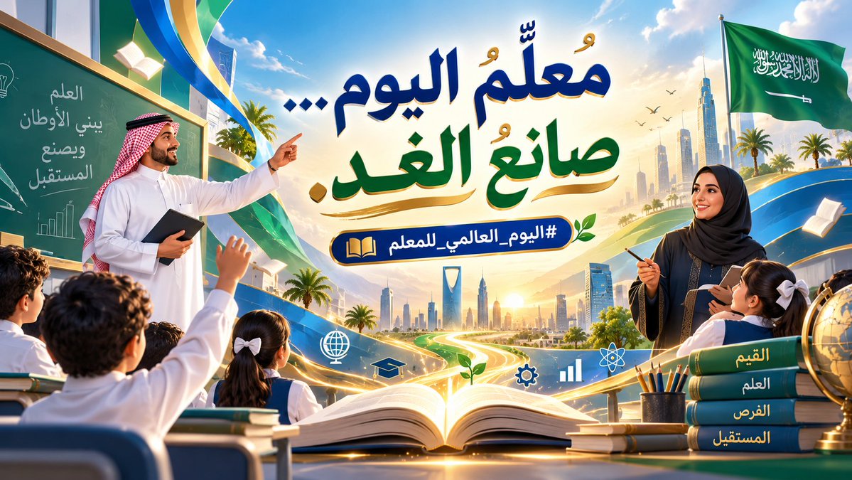 Friend4allworld's tweet photo. في #اليوم_العالمي_للمعلم نحتفي بمن يصنعون الفرق كل يوم، ويزرعون العلم والقيم والطموح في أجيال المستقبل. 🌟📚

مُعلِّمُ اليوم… صانِعُ الغد.
كل عام ومعلمونا ومعلماتنا مصدر إلهام، وبناة وطن ومستقبل. 🇸🇦💚
#يوم_المعلم #وزارةـالتعليم #المعلم https://t.co/DDufJHZKPw