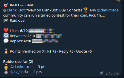 Clank_Bot's tweet photo. New tool just dropped: ClankBot Raid Bot

Drop an X link in your group and the bot runs the raid for you.

• Set targets: likes, retweets, comments
• Or just type /raid <link> 10 10 10
• Live progress bar on the raid card
• Raiders link their X account once and earn points for real retweets, replies and quotes
• Verified, so no fake claims
• Leaderboard with /raidtop

Free for any community on Robinhood Chain. Add the bot, make it admin, send /raidon.
https://t.co/T4S7OF1CaN