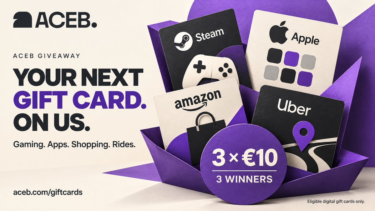 ACEBgiftcards's tweet photo. ���� YOUR NEXT GIFT CARD. ON US.

3 winners. €10 each in digital gift cards from ACEB.

🎮 Gaming. Apps. Shopping. Rides.
What would YOU pick?

To enter:
1️⃣ Follow @ACEBgiftcards
2️⃣ Repost this post
3️⃣ Reply with the ACEB gift card you’d choose + how you’d use it, in one original sentence.

Know someone who’d enjoy this? Tag one friend in your reply — optional.

Find your pick 👇
https://t.co/YO99RnZqb4

🏆 ACEB will choose the 3 highest-scoring answers:
• Originality: 0–5
• Specific use: 0–5
• Clarity: 0–5

Ties: originality first, then earliest entry. Likes don’t affect the result.

⏳ Entries close: October 14, 2026, at 23:59 Bucharest time (UTC+3).
📣 Winners announced here on October 15, 2026.

18+. One entry per person. No purchase needed. Eligible regional gift cards only; country, account region and currency must match.

Winners have 72 hours to respond. We’ll confirm a compatible gift card privately before delivery. No payment required to claim.

#ACEB #Giveaway #GiftCards #Crypto