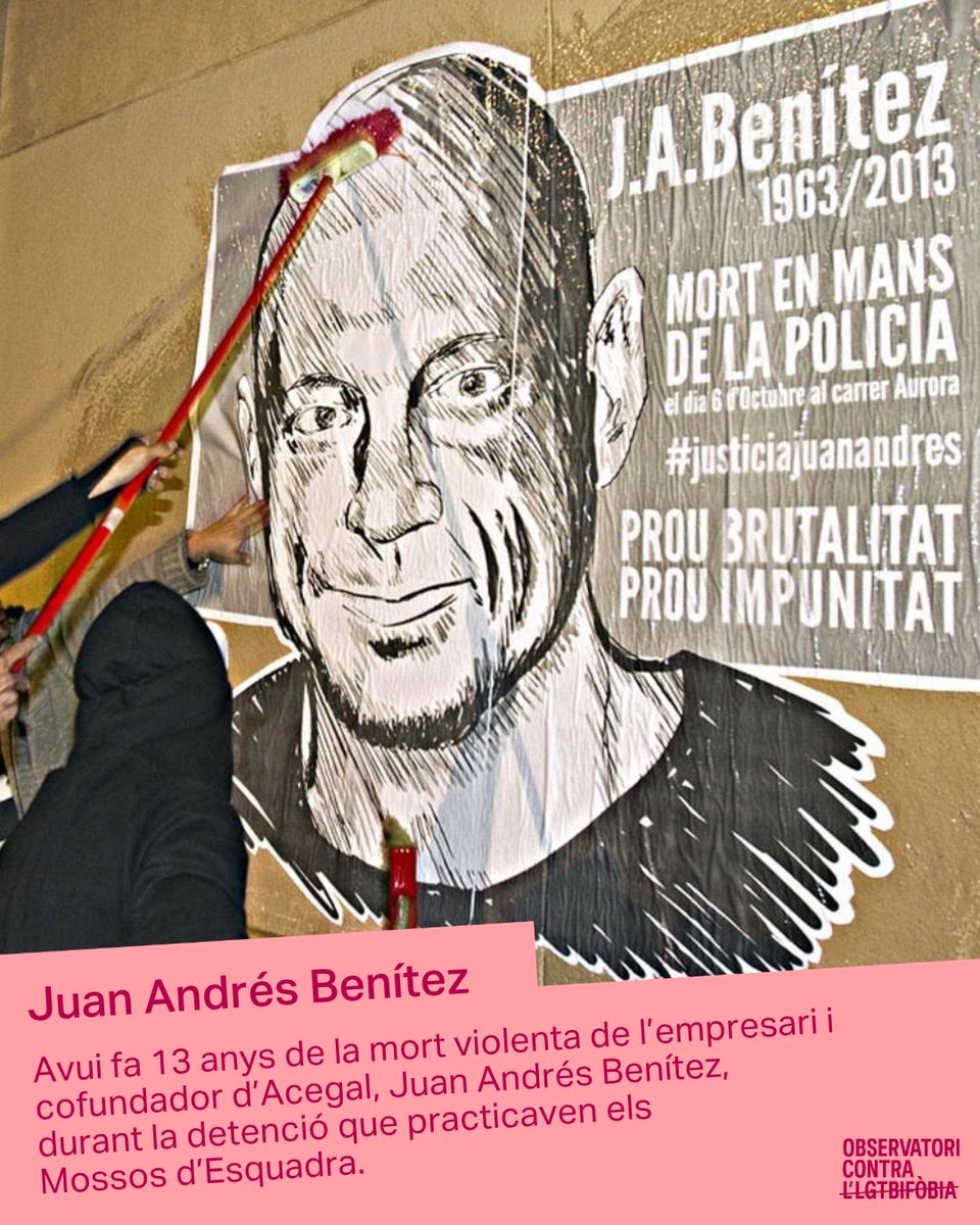 Observatori_cat's tweet photo. 🗓️ Avui fa 13 anys de la mort violenta de Juan Andrés Benítez, després de ser reduït de nit per agents policials al Raval de Barcelona.

🌈 Compromès amb els nostres drets, mantenim viu el seu llegat.

🕯️Juan Andrés, sempre present. Memòria, justícia i dignitat.

@agoraJuanAndres https://t.co/uH8Q4cBtLn