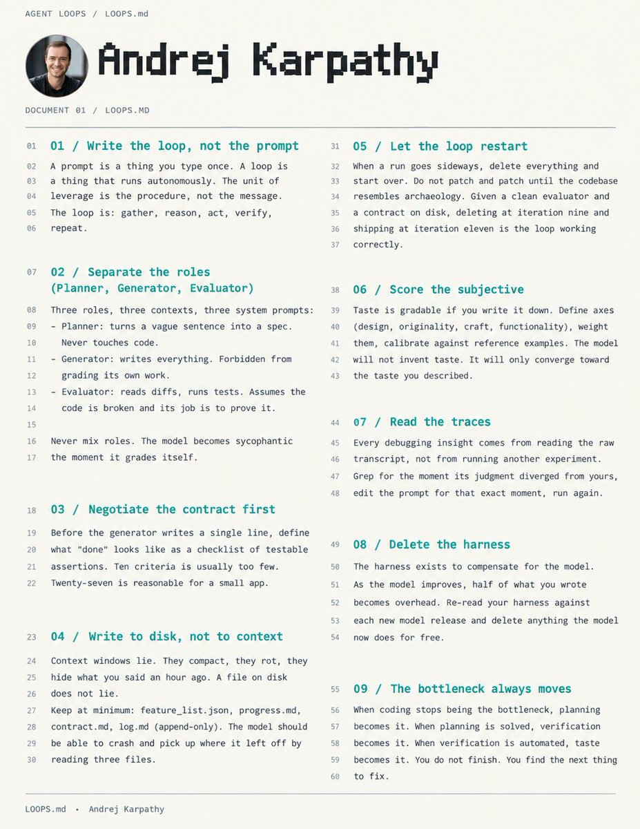 0xchromium's tweet photo. paste this Karpathy's LOOPS md into Claude before you run any agent

it's the reason most autonomous setups actually work instead of dying after 20 min

9 rules that split the model into 3 roles so it can't grade its own work

so the output quality doubles when the roles don't mix

prompt is below