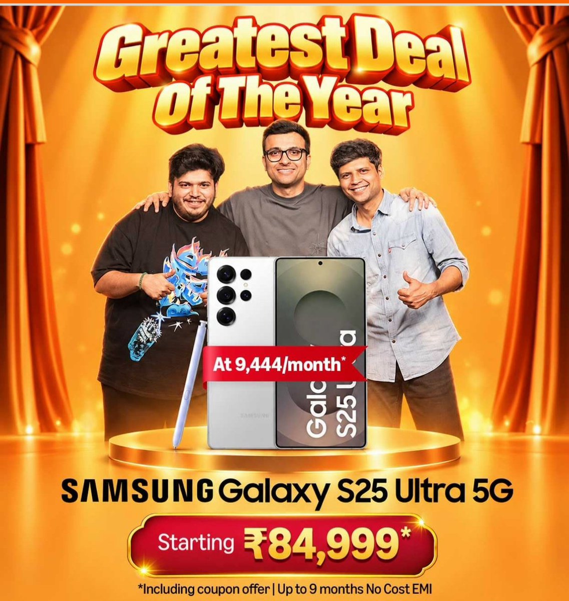 saaaanjjjuuu's tweet photo. List of top smartphone deals you should consider during Flipkart BBD & Amazon GIF sale:

Flagships:
• Galaxy S25 Ultra: ₹84,999* (Amazon) 
• Galaxy Z Fold 7: ₹1,29,999 (Amazon) 
• Galaxy S25: ₹52,999* (Flipkart)
• iPhone 17: ₹82,999* (Flipkart)
• Xiaomi 17: ₹59,999* (Amazon)
• Xiaomi 17 Ultra: ₹1,19,999* (Mi store)
• OnePlus 15: ₹81,999* (Amazon)
• Nothing Phone 3 : ₹51,999 (Amazon)

Under 50k:
• OnePlus 13s: ₹49,999* (Amazon)
• Galaxy S25 FE: ₹42,999* (Flipkart)
• iQOO 15R: ₹46,499* (Amazon)

Under 45k:
• Pixel 10a: ₹40,999* (Flipkart)
• OnePlus Nord 6: ₹42,999* (Amazon)
• POCO X8 Pro Max: ₹42,999* (Flipkart)
• Moto Edge 70 Pro+: ₹44,999* (Flipkart)

Under 40k:
• Redmi Turbo 5 : ₹35,999* (Amazon)
• Edge 70 Pro: ₹36,999* (Flipkart)
• Redmi Note 15 Pro+ (16/512GB): ₹39,999* (FK)

Under 35k: 
• Nothing Phone 4a: ₹32,999* (Flipkart)
• POCO X8 Pro: ₹33,999* (Flipkart)
• Galaxy A56: ₹31,999* (Amazon)
• realme P4 Pro: ₹30,999 (Flipkart)

Under 30k:
• TECNO Camon 50 Ultra: ₹29,999* (Amazon)
• POCO X8 Power: ₹29,999* (Flipkart)
• Nothing Phone 4b: ₹27,999* (Flipkart)
• OPPO K14+: ₹25,999* (Flipkart)
• iQOO Z11: ₹29,999* (Amazon)
• Galaxy A36/F70 Pro: ₹25,999* (Flipkart)

Under 25k: 
• POCO X8: ₹24,999* (Flipkart)
• Infinix Note Edge: ₹23,999* (Flipkart)
• realme P4x: ₹22,999* (Flipkart)
• LAVA virat curve: ₹21,999* (Flipkart)
• iQOO Z11xa: ₹24,999* (Amazon)

Under 20k:
• POCO M8x: ₹17,999* (Flipkart)
• iQOO Z11 lite: ₹15,499* (Amazon)
• Galaxy M17: ₹19,999 (Amazon)

Under 15k:
• LAVA Virat V1 Pro: ₹14,749* (Flipkart)
• POCO C85x: ₹13,999 (Flipkart)
• Mivi One: ₹11,999* (Flipkart)

Do record a video while the open box delivery of the device, after the sale majority brands will increase the prices.

Ask your queries in the comments below