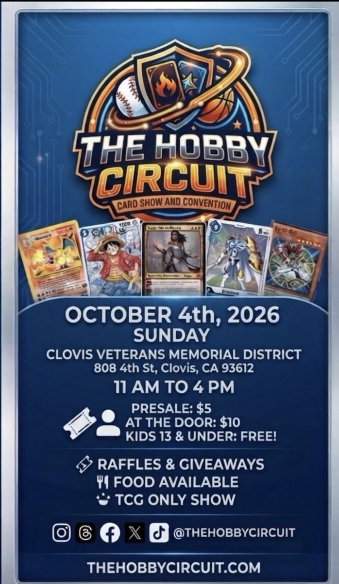 Joezcollectible's tweet photo. Come to The Hobby Circuit today from 11AM-4PM at Clovis Veterans Memorial District! $10 at the door. 

#TheHobbyCircuit #ClovisCA #cardshow https://t.co/YDXM4zqvcY