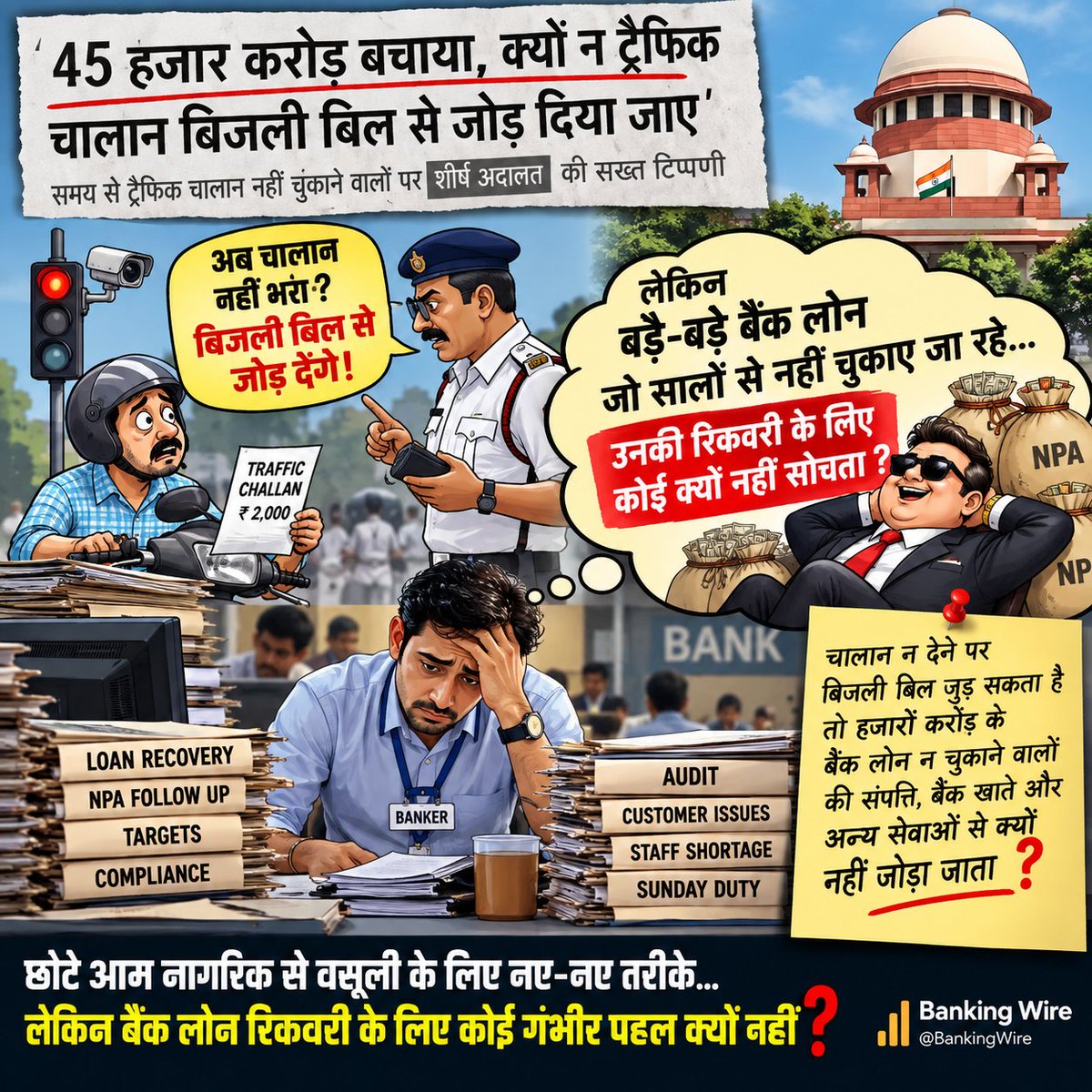 watcher_th74603's tweet photo. 🚦 ₹45,000 crore in unpaid traffic challans? The Supreme Court is asking how recovery can be made more effective.
But here’s a question worth asking: if strict recovery mechanisms can be discussed for unpaid traffic fines, why is there so much less public urgency around massive bank loan defaults and recovery of public money?
🏦 Bankers face relentless pressure for loan recovery, while the system needs equally strong focus on recovering the money that ultimately belongs to depositors and the public.
Recovery should be fair, effective and consistent—whether the defaulter owes ₹2,000 or ₹2,000 crore.
#BankingWire #BankLoanRecovery #NPAs #PublicMoney #Bankers #Recovery