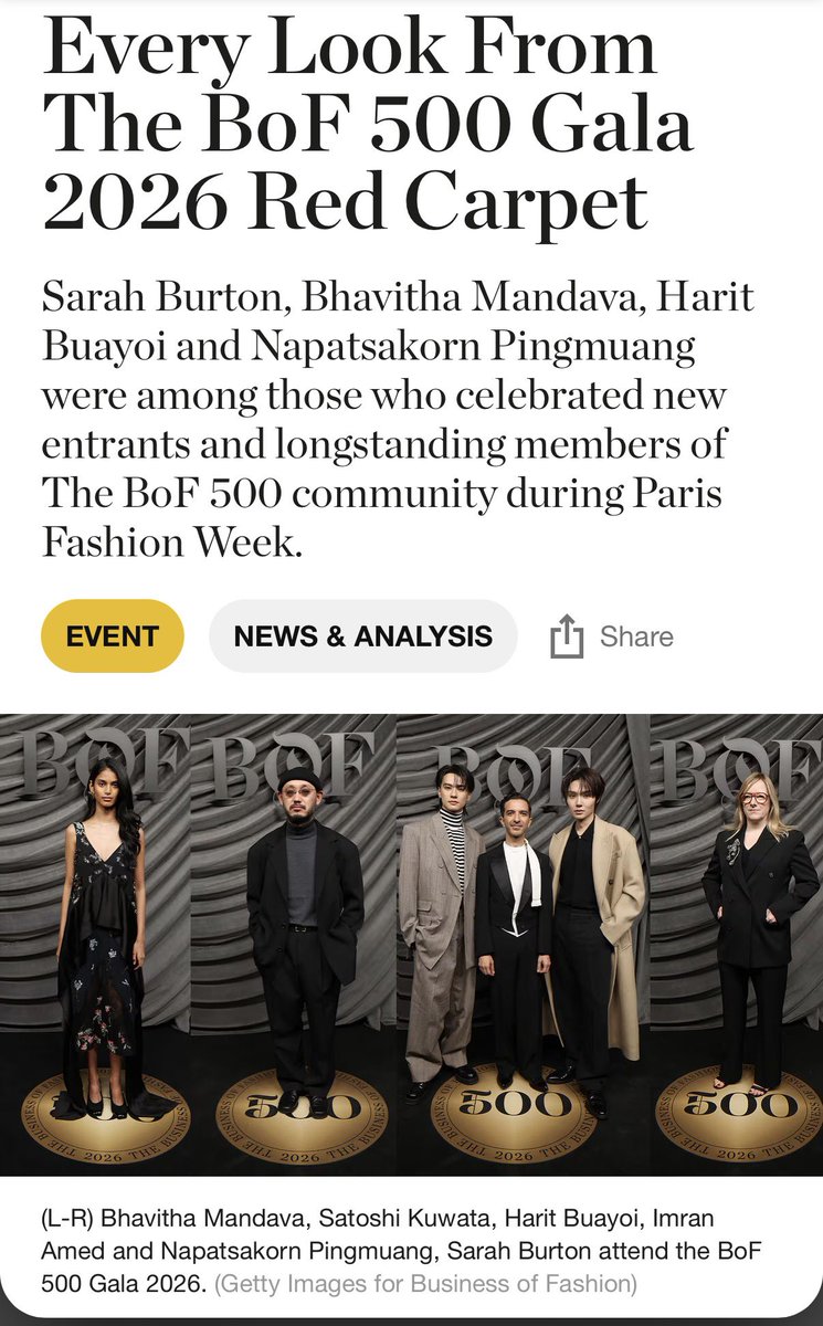 sseunhm's tweet photo. Special Newsletter from @BoF ✨🌏

KENG NAMPING AT BOF 500 GALA
#BOF500xKENGNAMPING

เก่งน้ำปิง กับ 2 บทความ The BoF 500 Gala 2026 บนเว็บไซต์ Business of Fashion (BoF) ค่ะ 🤍

Fashion’s Most Influential Figures Come Together at The BoF 500 Gala 2026
🔗 : https://t.co/B90Fe1quPe

Every Look From The BoF 500 Gala 2026 Red Carpet
🔗 : https://t.co/HVVxp2L43r