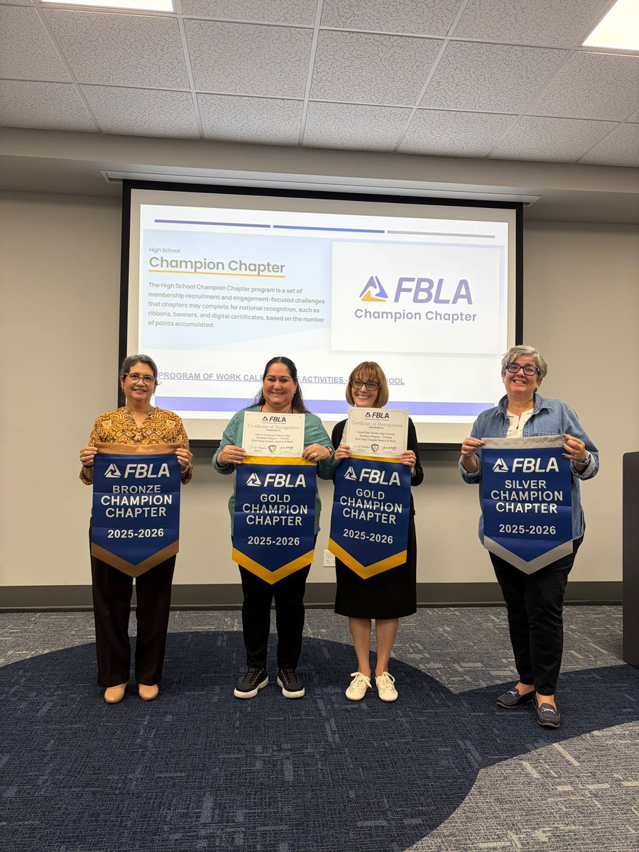 CTEMiami's tweet photo. Champions in the making! 🏆💼✨
4 of our 7 FBLA Nationally Recognized Champion Chapters received their official banners today! 🚩🎉 Celebrating top-tier leadership and excellence in CTE! 👏🌟
#MDCPS #CTEMiami #FBLA #ChampionChapter #FutureReady
@miamisupt @miamischools https://t.co/Fx52TcTkkI