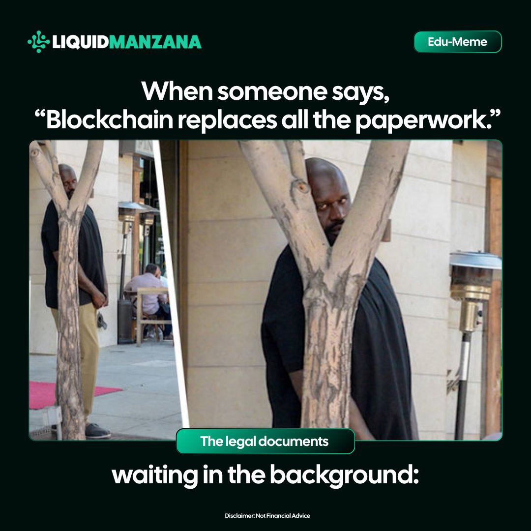 LQDmanzana's tweet photo. When someone says, “Blockchain replaces all the paperwork.”

The legal documents waiting in the background: 

Tokenization can improve processes, but it does not make legal structure disappear. https://t.co/P9pxm0Ht1h