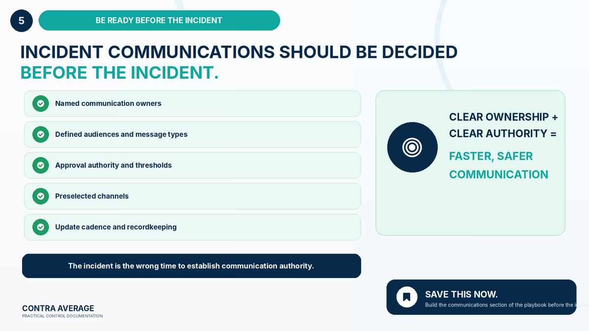ContraAverage's tweet photo. Incident communications test:

Do you already have:

✓ Named owners
✓ Defined audiences
✓ Approval authority
✓ Preselected channels
✓ Update cadence
✓ Communication records

Clear ownership + clear authority = faster, safer communication.

#IncidentResponse #Cybersecurity https://t.co/R12g3LuVty