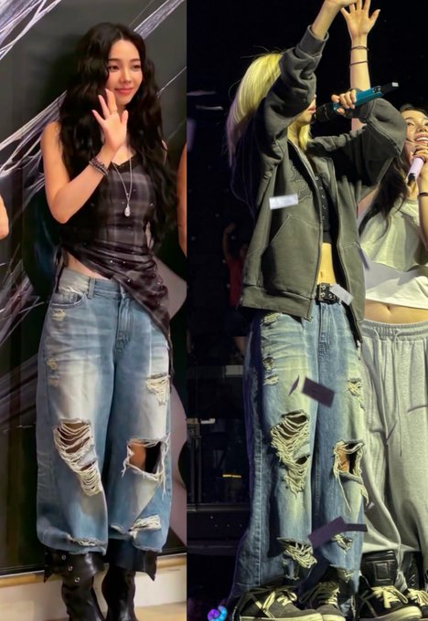 A split image comparing two women in similar distressed baggy jeans, with the left showing a woman with long dark hair in a dark top and the right showing a performer with blonde-streaked hair on stage wearing a black jacket.