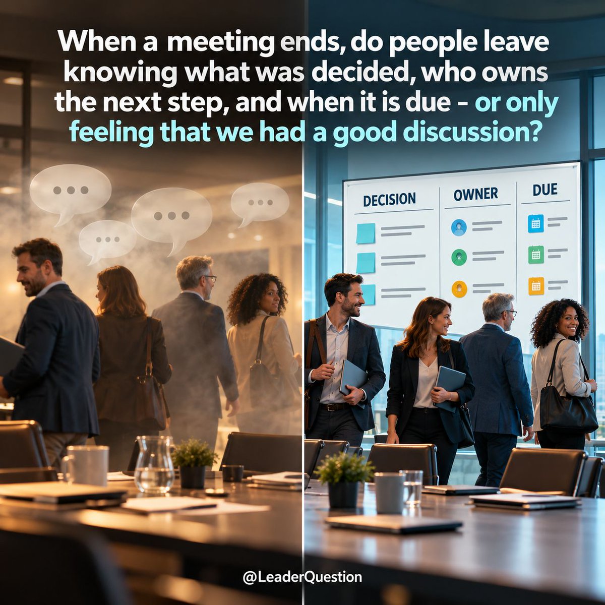LeaderQuestion's tweet photo. When a meeting ends, do people leave knowing what was decided, who owns the next step, and when it is due - or only feeling that we had a good discussion? #leadership https://t.co/n6In2yoVj6
