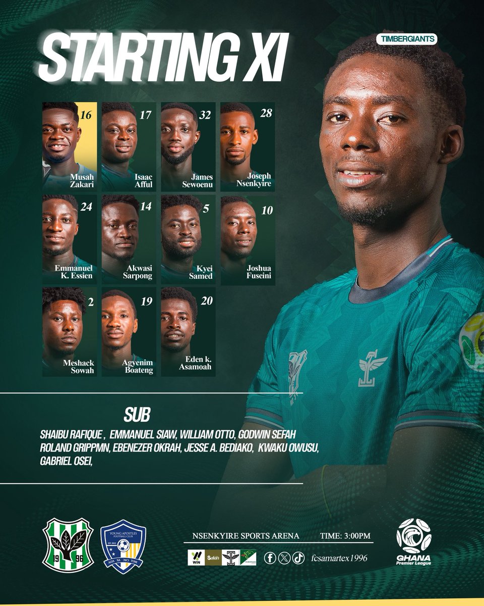 FcSamartex1996's tweet photo. THE XI IS IN! 

Here’s how FC Samartex 1996 line up for today’s Ghana Premier League clash against Young Apostles at the Nsenkyire Sports Arena.

Let’s go, Timber Giants! 

#FCST1996 #TimberGiants #GPL #Matchday https://t.co/pJskruaRUx