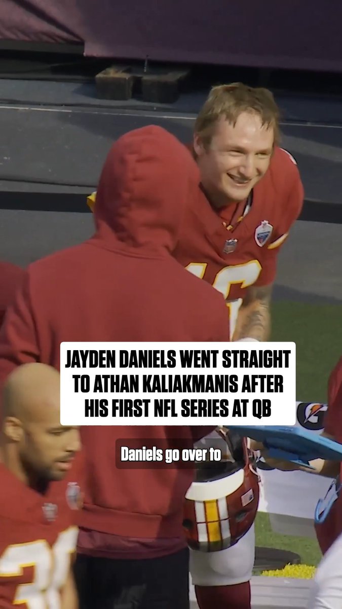 Two football players in red uniforms interact on a sideline; the caption reads 'JAYDEN DANIELS WENT STRAIGHT TO ATHAN KALIAKMANIS AFTER HIS FIRST NFL SERIES AT QB'.