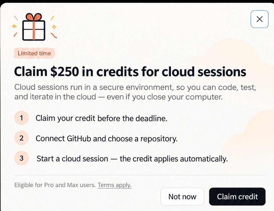 the_ssk_'s tweet photo. CLAUDE CREDITS

Grab it before 7th October.

Free credit drop for cloud sessions. Perfect for devs who want to test Claude without burning too many credits.

Link below
https://t.co/bVAqztd4ZL https://t.co/YOsk6CPprB