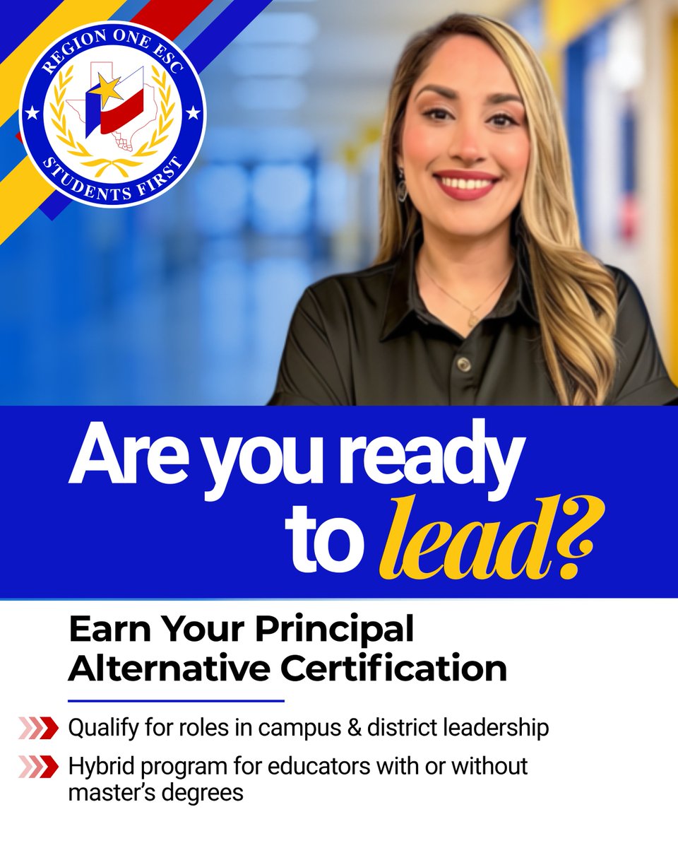 RegionOneESC's tweet photo. Become a certified educational leader!  Our Principal Alternative Certification Program supports educators through quality mentorship and state exam preparation.

Get started at https://t.co/0JG6O8qrDw. https://t.co/9jMkZvJm5y