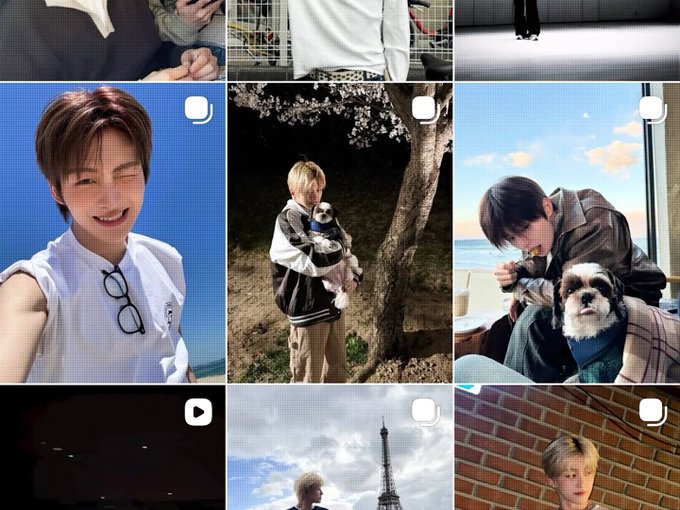 A 3x3 Instagram grid showcasing various casual photos and selfies of a young man with fox-like features, including shots with a small dog, in nature, at the beach, and in front of the Eiffel Tower. The posts are tagged with "#닏훈" (a Korean username), aligning with the caption's playful comparison to a fox.