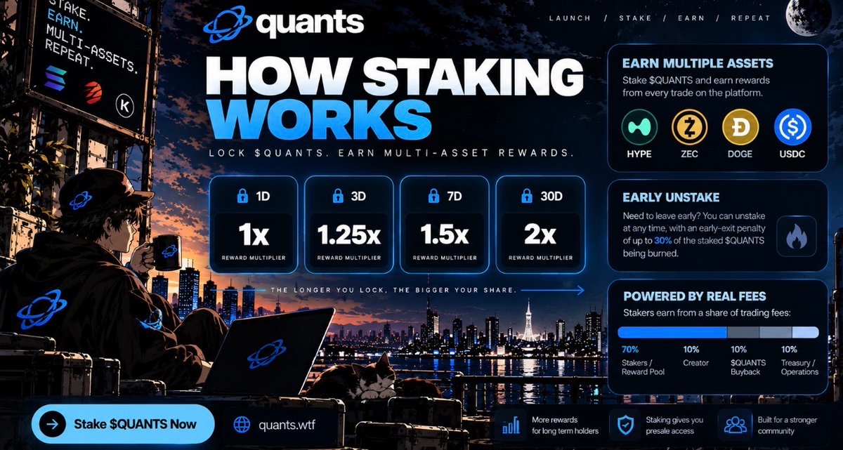 LaunchOnQuants's tweet photo. How does $QUANTS staking actually work?

You choose how long you want to lock your $QUANTS:

1D → 1x
3D → 1.25x
7D → 1.5x
30D → 2x

The longer you lock, the bigger your share of the reward pool.

And you’re not locked forever.

Need to leave early? You can unstake at any time, with an early-exit penalty of up to 30% of the staked $QUANTS being burned.

Current $QUANTS rewards:
HYPE • ZEC • DOGE • USDC

Stake. Lock. Earn. 🔒

https://t.co/yyW2XrIt5L