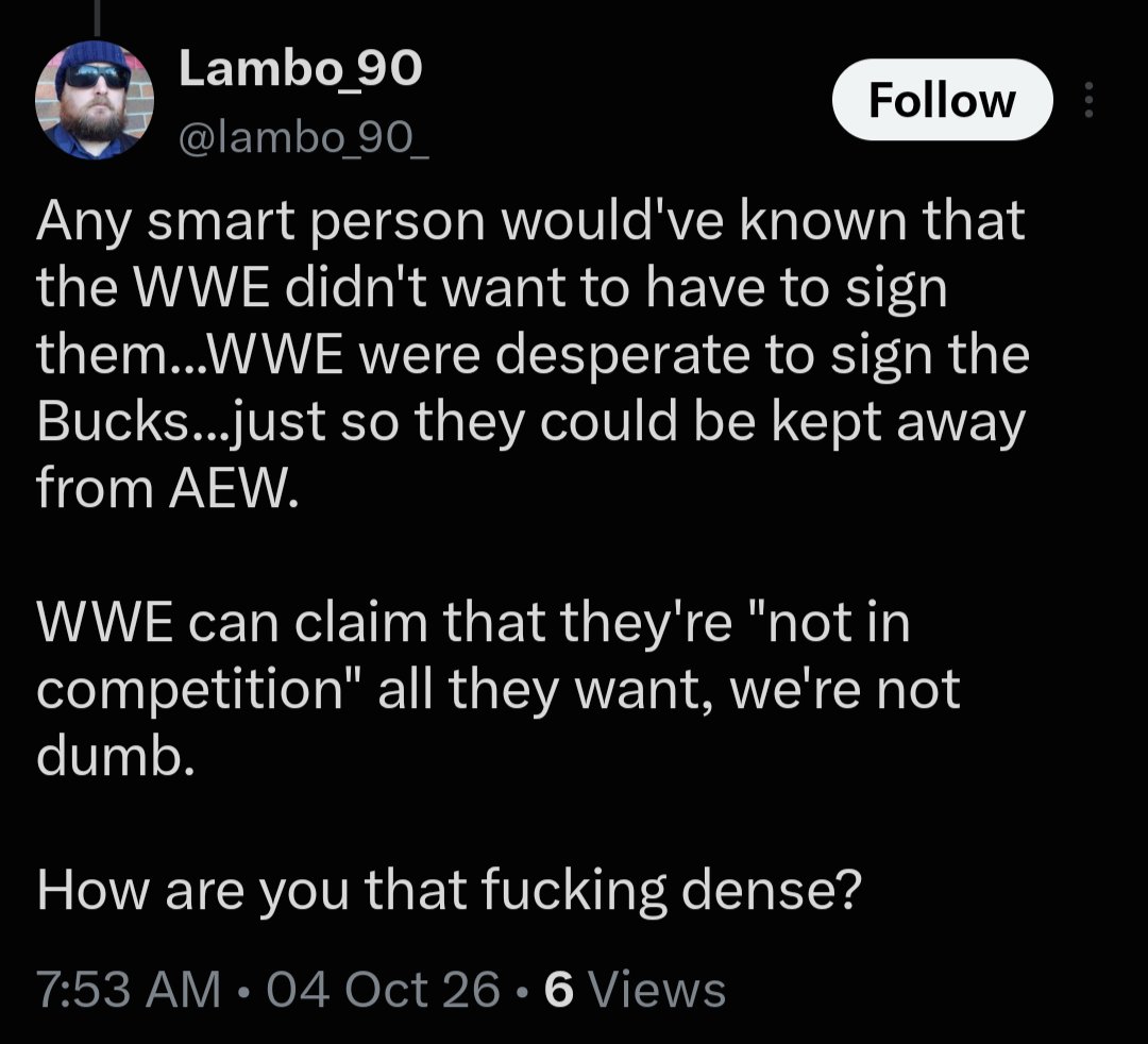 JJ_Alexander's tweet photo. You go ahead and keep believing that nonsense, you utter fucking jackwagon. Those of us who have been around know that the bucks were offered a tryout in NXT and they thought it was "below them" so they told WWE to go screw and sealed their fate and never being able to work there.

If course it's CHUDs like you that still defend them.

Bitch, shut the fuck up.