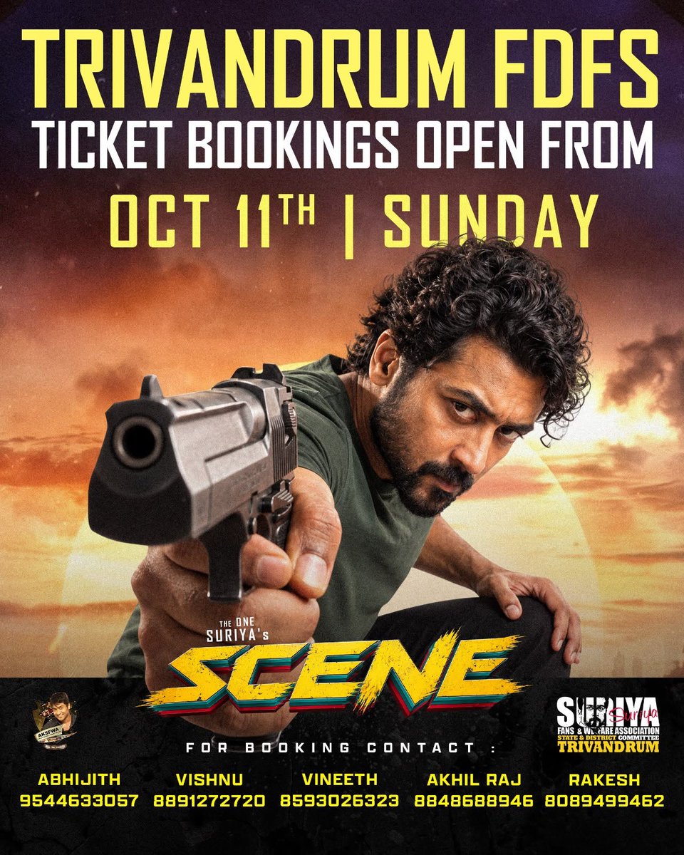 AbGeorge_'s tweet photo. ENTIRE CITY. FULL SCREENS. FDFS LOCKED BY SURIYA FANS! 🔥🔥🔥

Yes, #Suriya fans in Trivandrum, Kerala, have locked the entire city’s screens for FDFS fan shows of the highly anticipated #Scene, directed by Jithu Madhavan! 🔥

They are all set to recreate those EARTH-SHATTERING Kerala FDFS vibes of Suriya films from the 2009–2014 era! 🔥🔥🔥

Ticket bookings will open next Sunday 🔥 Talks are also underway for early-morning shows! 👀🔥