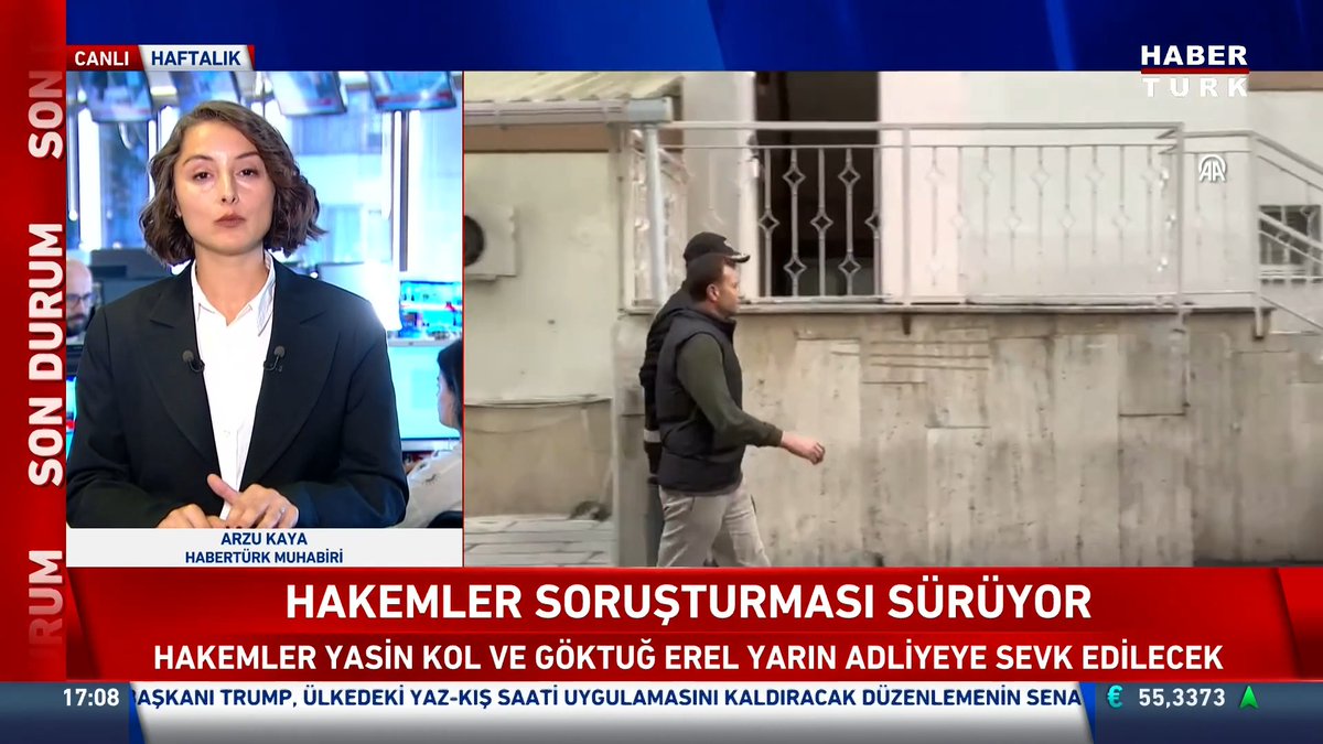 A Habertürk news broadcast features anchor Arzu Kaya reporting on an ongoing referees investigation, with the headline "HAKEMLER SORUŞTURMASI SÜRÜYOR" announcing that referees Yasin Kol and Göktuğ Erel will be referred to court tomorrow, while the ticker displays Trump-related news and a EUR rate of 55.3373 at 17:08.