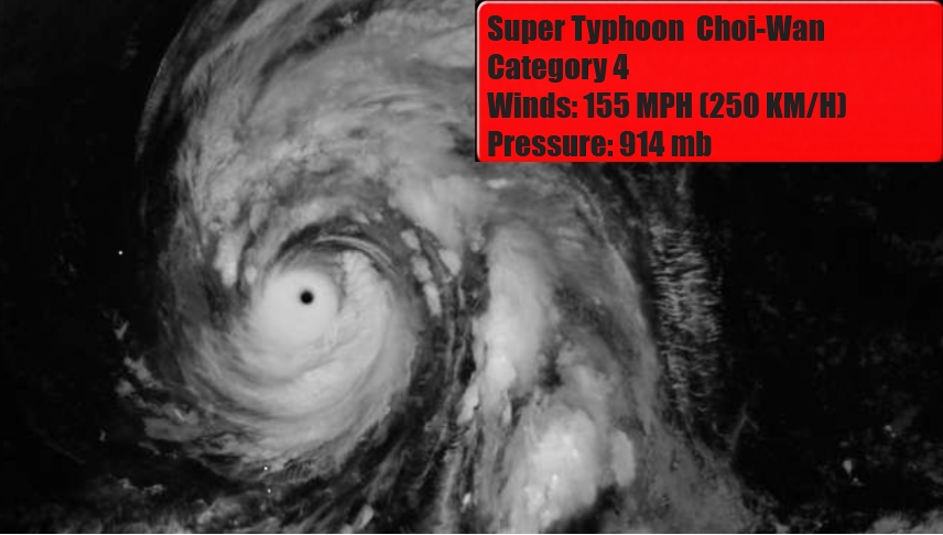 Skellitor_Titan's tweet photo. #Typhoon #Choiwan is now a category 4 super typhoon with winds reaching 155 mph (250 km/h) and pressure down to 914 mb. the deepest I seen in a category 4 tropical cyclone. predicting to sustain its intensity before weakening from upwelling. it is 900 miles wide band to band. https://t.co/76wAIDNLGL