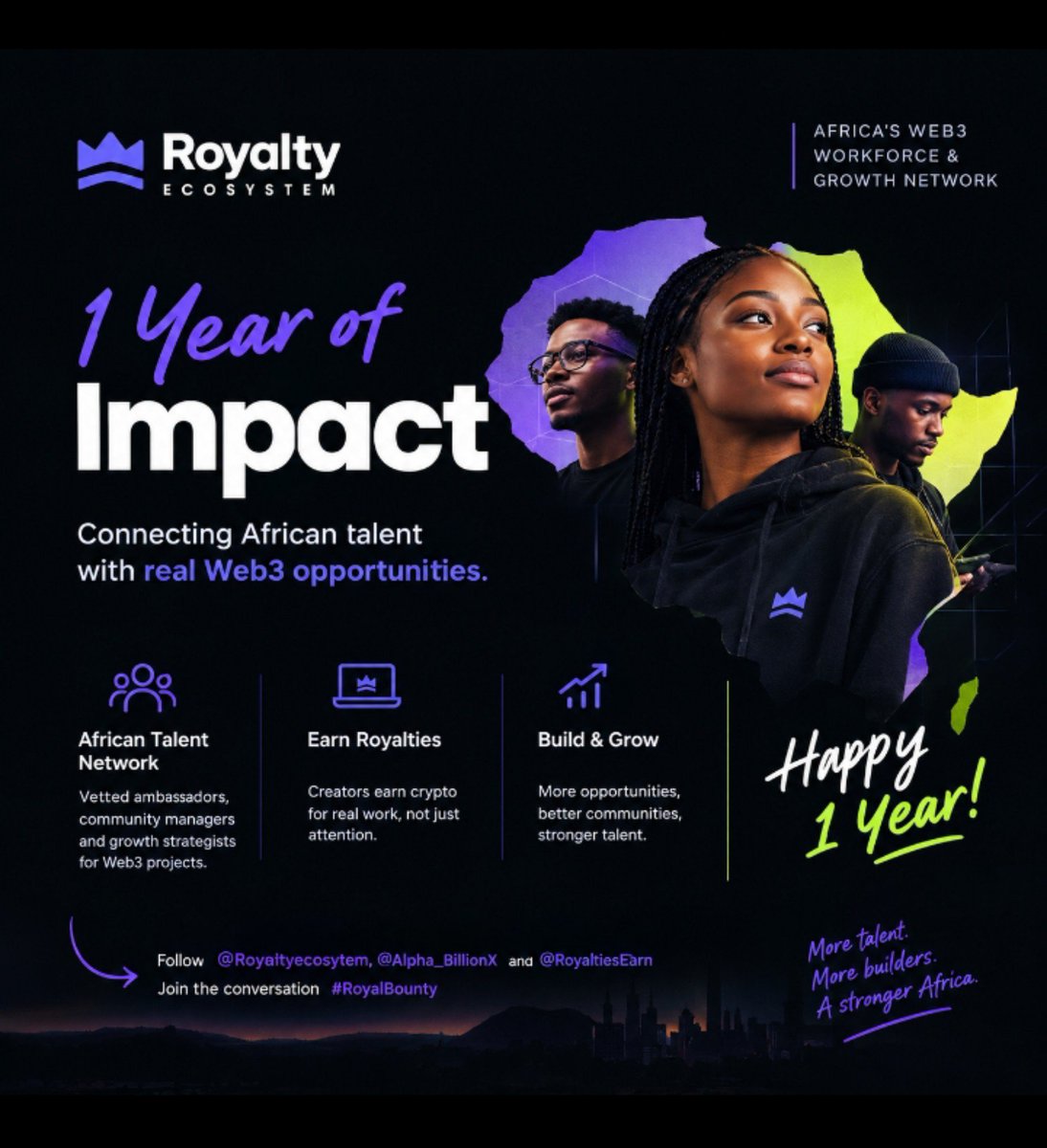 AbobbyHQ's tweet photo. 1/7

Africa has no shortage of Web3 talent.

The bigger problem is access: access to real opportunities, trusted projects, paid work, and a network where people can actually build long-term.

That’s where @RoyaltiesEarn and the Royalty Ecosystem come in 🧵

2/7
Royalty Ecosystem is building a Web3 workforce and growth network for Africa.
Instead of talented people staying on the sidelines, the ecosystem connects projects with vetted African ambassadors, community managers, and growth strategists who can contribute real work.
That matters.

3/7
The Earn Royalties side makes the idea even more practical.
Creators can earn crypto for actual contributions instead of simply farming attention.
And through ambassador and community programs, people get opportunities to represent projects, build experience, grow communities, and create a track record in Web3.

4/7
What stands out to me is the focus on turning participation into something more meaningful.
Africa already has people creating content, managing communities, educating others, and helping projects grow.
The missing piece has often been a better connection between that talent and real Web3 opportunities.

5/7
Over this first year, Royalty Ecosystem has been pushing toward that connection: African talent on one side, Web3 projects looking for people who understand communities and growth on the other.
That kind of network can compound.
More contributors → more experience → stronger talent → better opportunities.

6/7
For Year 2, I’d like to see Royalty Ecosystem go even further.
More African creators earning consistently.
More projects discovering reliable talent through the network.
More ambassadors becoming growth leaders.
And more people being able to point to Web3 work as a real part of their career.

7/7
Africa’s Web3 future shouldn’t only be about who uses the next protocol.
It should also be about who gets to build it, grow it, manage its communities, and earn from the work.
That’s the opportunity I see in Royalty Ecosystem.

Happy 1 year , Here’s to Year 2...🚀

@RoyaltiesEarn #RoyalBounty