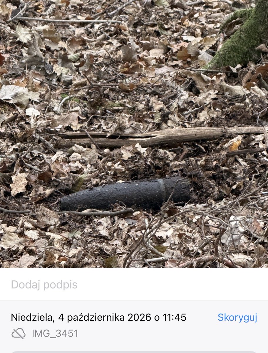 dwolosiuk's tweet photo. Brawo służby!

W ubiegłym roku w październiku na spacerze w Kampinosie tuż pod Warszawą znalazłem 

NIEWYBUCH

Od razu zgłosiłem na telefon alarmowy 112
Wysłałem lokalizację 

Dziś po roku!!! widzę, że niewybuch leży sobie nie naruszony w najlepsze tuż przy ścieżce (po której chodzą ludzie). 

Brawo służby!

@Sluzby_w_akcji 
@PolskaPolicja