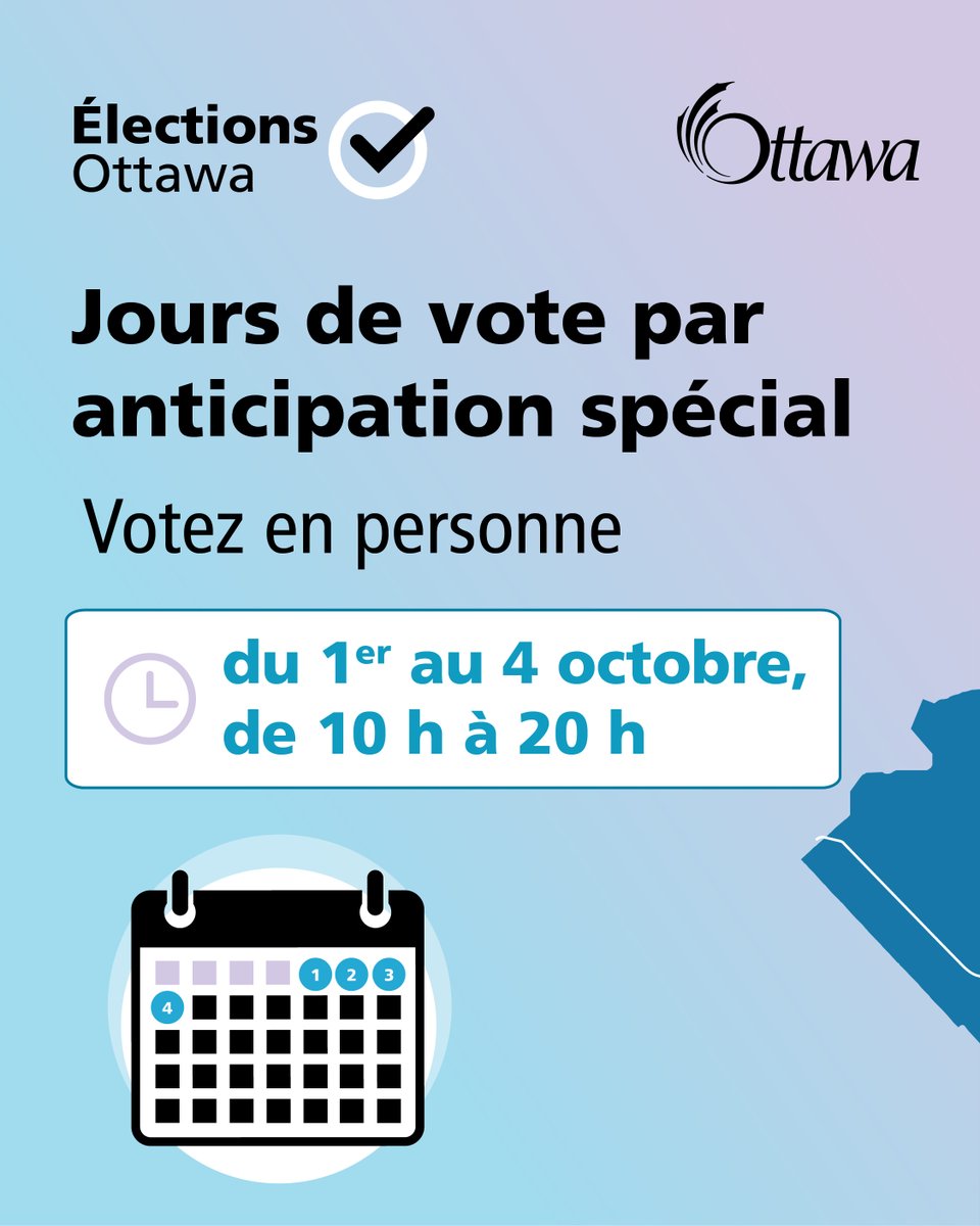 ottawavotez's tweet photo. Aujourd’hui est le quatrième et dernier jour du vote par anticipation spécial! Les électeurs peuvent voter à n’importe lequel des dix bureaux de vote de la ville jusqu’à 20 h. Pour en savoir plus sur les endroits où voter : https://t.co/fJryFWzncg
#ÇaCommenceIci #OttVotez https://t.co/oOOjAfcLf7