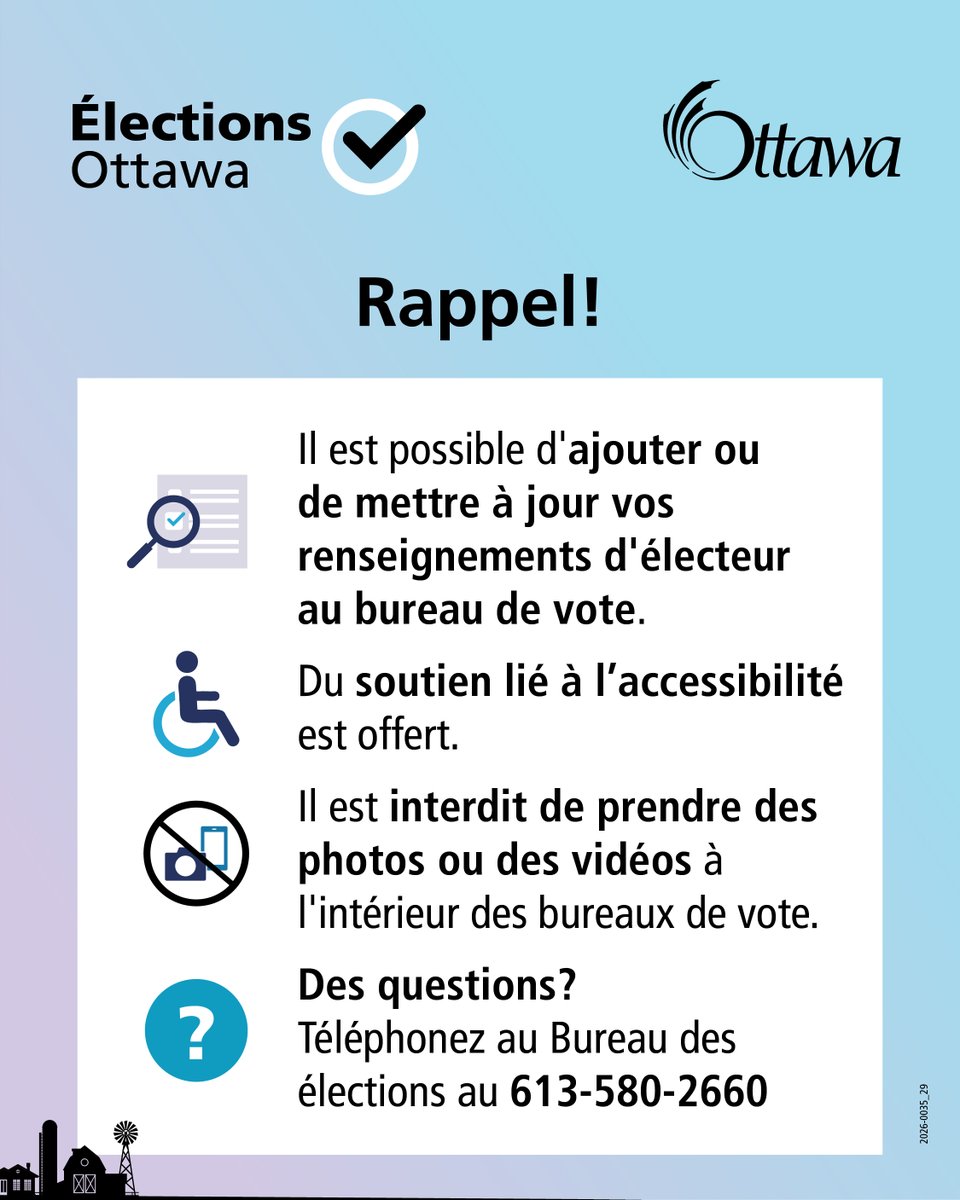 ottawavotez's tweet photo. Aujourd’hui est le quatrième et dernier jour du vote par anticipation spécial! Les électeurs peuvent voter à n’importe lequel des dix bureaux de vote de la ville jusqu’à 20 h. Pour en savoir plus sur les endroits où voter : https://t.co/fJryFWzncg
#ÇaCommenceIci #OttVotez https://t.co/oOOjAfcLf7