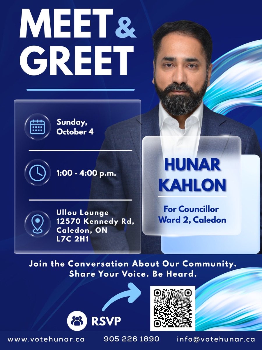 gchahal's tweet photo. Caledon Ward 2 needs strong community leadership!
Don't miss the chance to meet Hunar Kahlon today from 1:00 to 4:00 p.m. at Ullou Lounge.
Drop by, ask questions, and share your vision for our town. 🤝✨ #VoteHunar #Caledon🗳️
Learn more at https://t.co/MicLNp9kYt