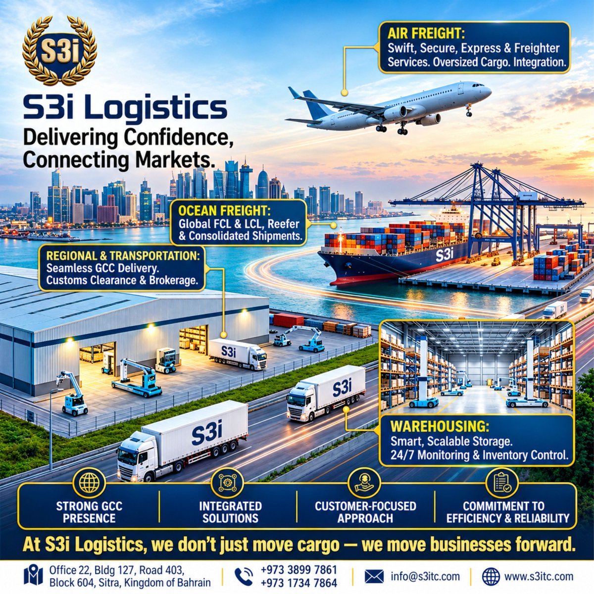 s3itcgroup's tweet photo. 🚛 S3i Logistics – Delivering Confidence, Connecting Markets

✈️ Air Freight | 🚢 Ocean Freight | 🚚 Regional Transport | 🏭 Warehousing

At S3i, we don’t just move cargo ... we move businesses forward.  

👉 Visit https://t.co/prx4rLjd1S or email logistics@s3itc.com. https://t.co/pyZfsjBlO8