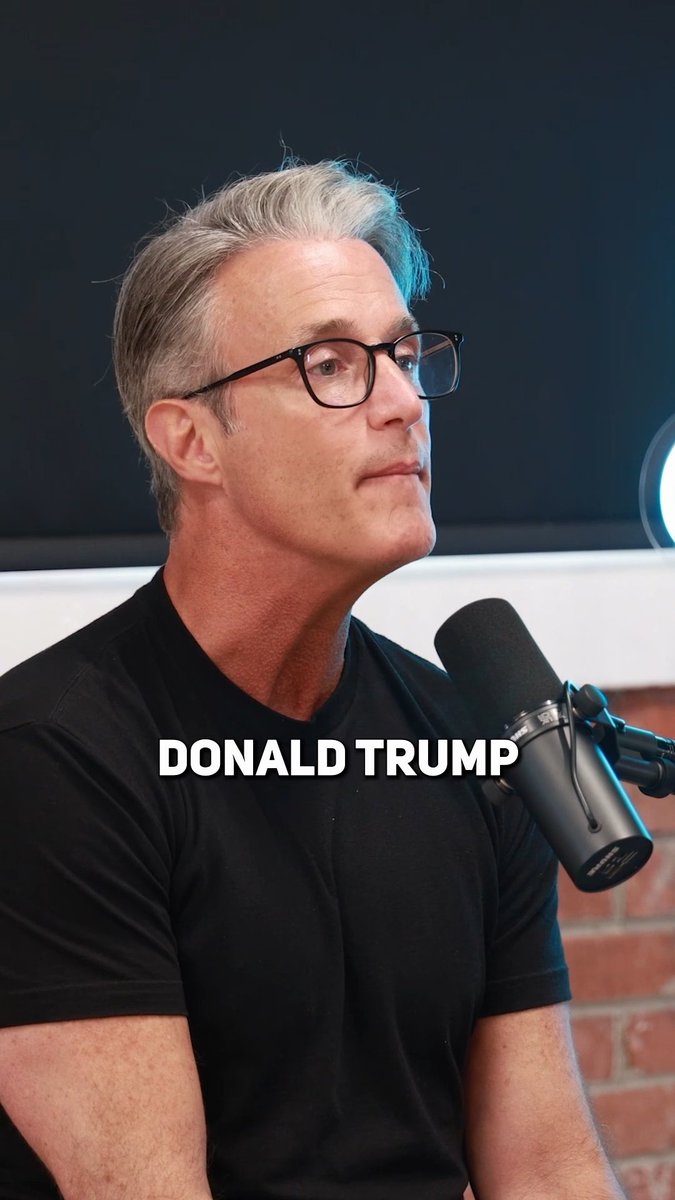 A gray-haired man wearing glasses and a black shirt sits in front of a microphone, with the caption "DONALD TRUMP" displayed across the image. The visual pairs with the post's message that Canadians can critique Trump on trade while still holding their own government accountable over the past decade.
