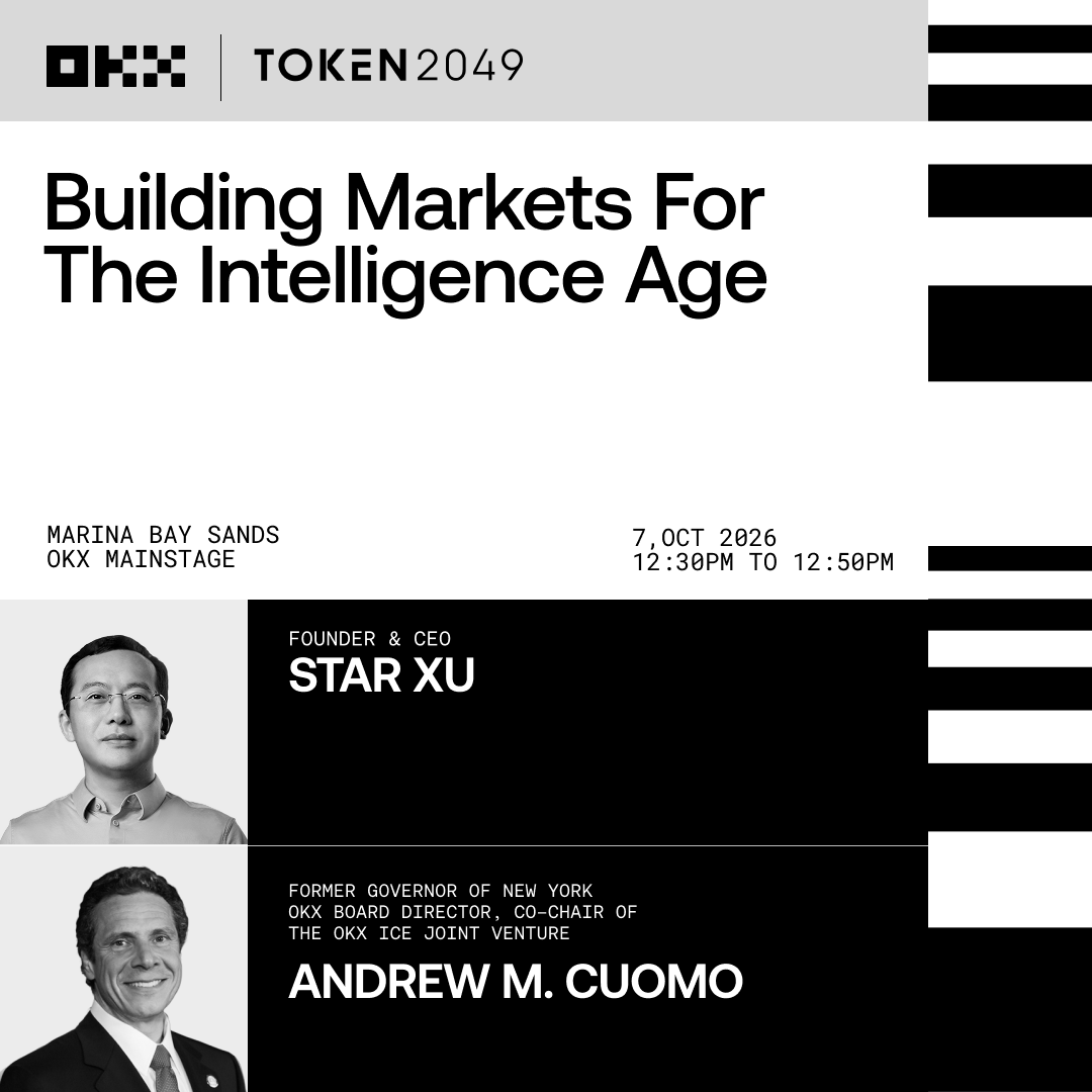 okx's tweet photo. How do financial markets evolve for an increasingly intelligent world?

Our Founder & CEO @star_okx and OKX Board Director & OKXICE Co-Chair, former NY Governor @andrewcuomo take the OKX mainstage at TOKEN2049 to discuss how technology, policy and infrastructure are shaping the next generation of financial markets.