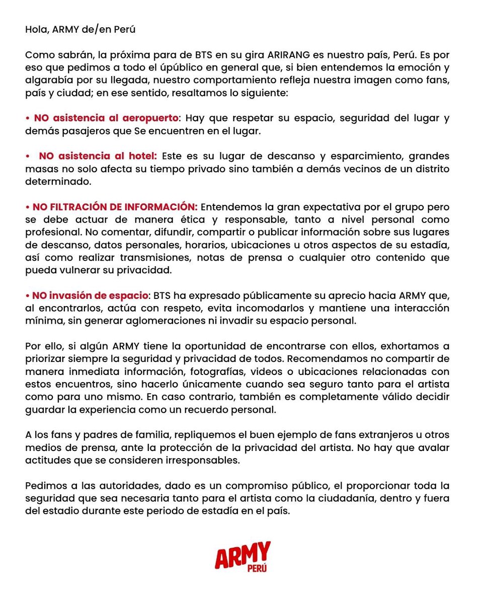 btsarmy_peru's tweet photo. [COMUNICADO] @BTS_twt 

Ante la llegada de #BTS como parte del #BTS_WORLDTOUR_ARIRANG_LIMA, les comentamos lo siguiente. Es importante mantener una buena imagen como fans y país por lo que pedimos trasladar a demás fans y público lo mencionado en el comunicado 💜

Hagamos de Perú un recuerdo inolvidable.
Atte.,
ARMY Perú